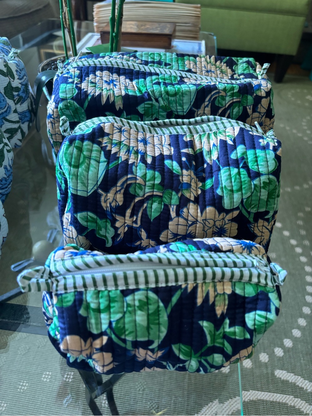 Quilted Floral Cosmetic Pouches- Navy & Green